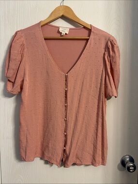 Smocked Puff-Sleeve Button-Front Blouse — Dusty Rose